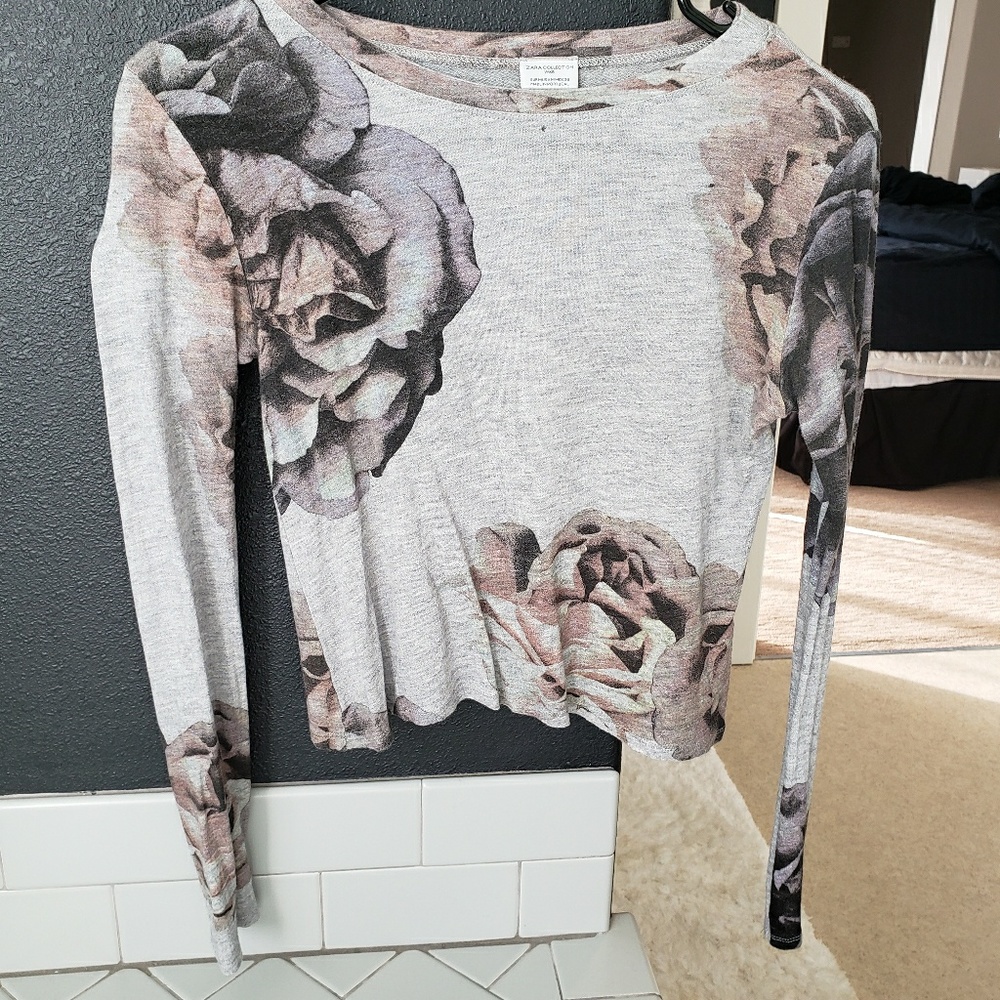 cropped gray floral wool sweater from zara